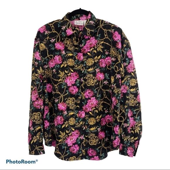 Vintage Black Pink Floral Button Down Shirt Light - Picture 2 of 7